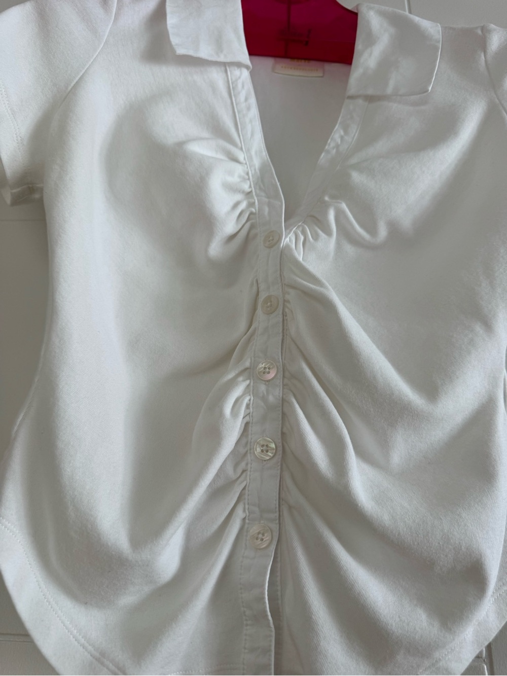 MAEVE White Ruched Button-Front Short Sleeve Top - Size L